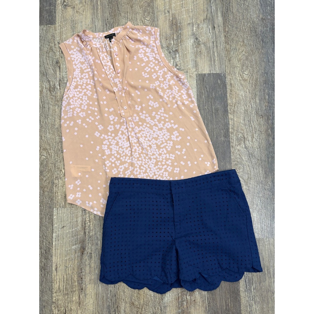 Ann Taylor Womens Sleeveless Blouse Tan Pink Floral Dot Button Front Top Small